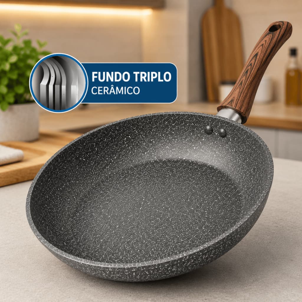 Frigideira Antiaderente Cerâmica Indução Fogão Cooktop Fundo Triplo Cabo Silicone Não Usa Óleo