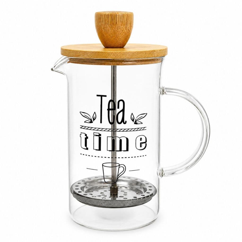 Cafeteira e Chaleira Charmosa Coffe e Tea Prensa Francesa Vidro Borossilicato Tampa Bambu 600ml Inox