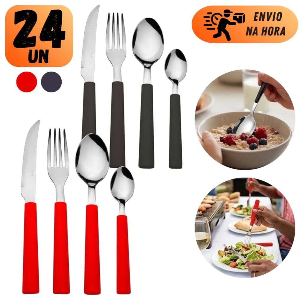 Jogo De Talheres 24 Peças Aço Inox Completo Faqueiro Com Cabo Plástico Gaveta Cozinha