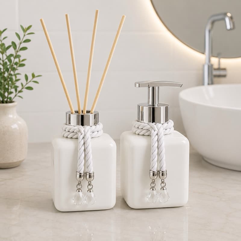 Kit Lavabo Banheiro Saboneteira Difusor Aromatizador Luxo Pet 100ml