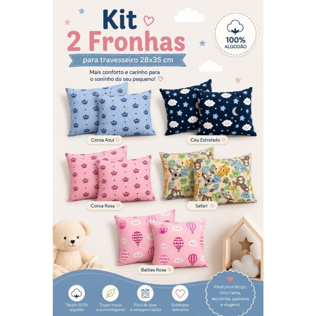 Kit 2 Fronhas para Travesseiro Infantil 28cm x35 cm - 100% Algodão