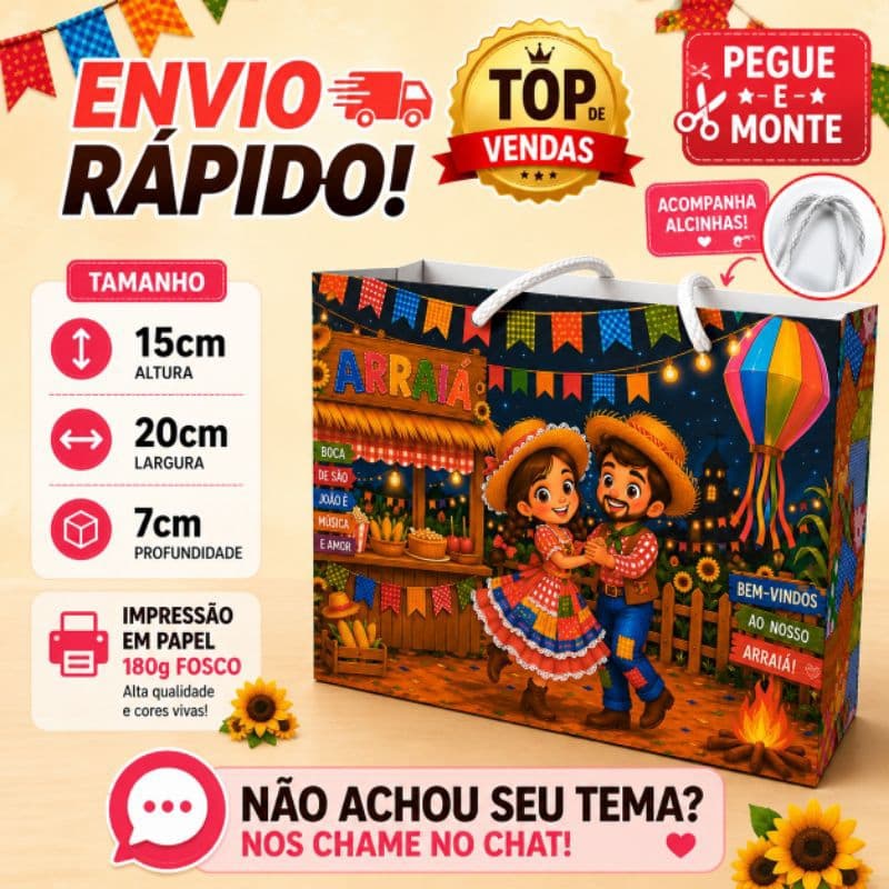 10 | 20 | 30 Sacolinhas Surpresa - PEGUE E MONTE - Lembrancinha Personalizada Arraiá- Festa Junina