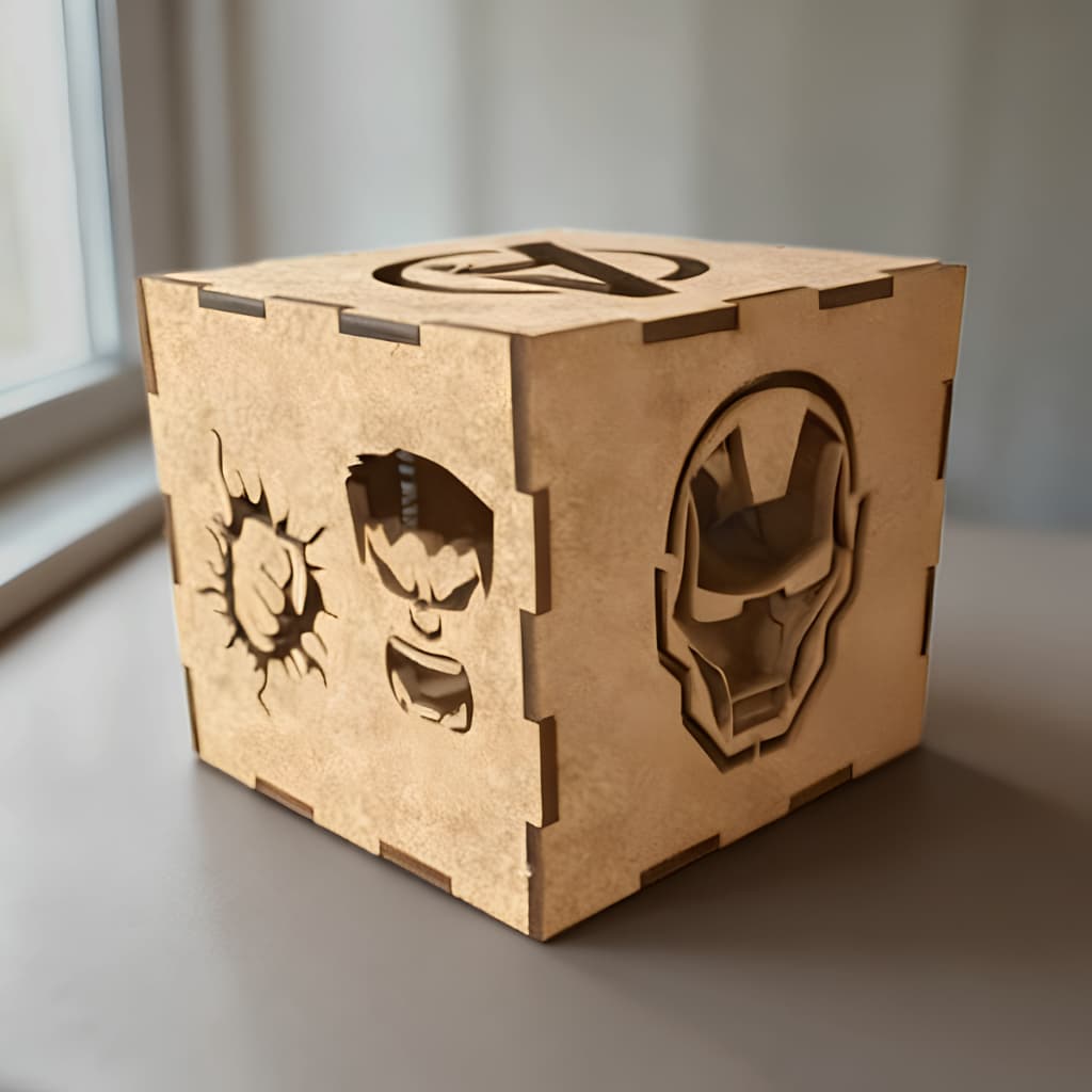 Kit Caixa Cubo Avangers Marvel Personagens E Simbolos Reflete na Parede MDF 10x10