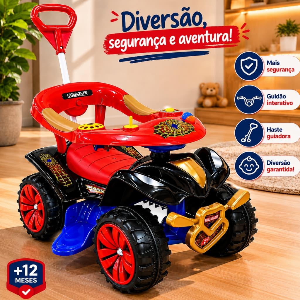 Quadriciclo Andador Infantil Carrinho Homem Aranha Com Empurrador Guia Motoca Para Passeio Spider Man Alta Segurança