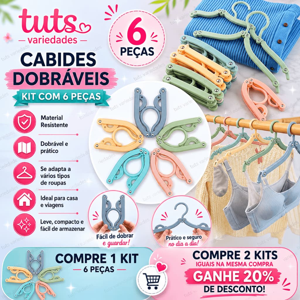 Cabide Dobrável Viagem Guarda Roupa Portátil Ajustável Adulto Infantil Kit com 6 Peças.