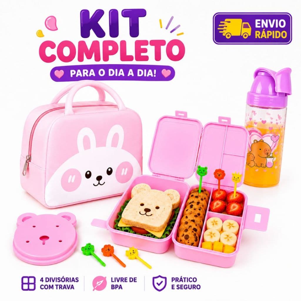 Kit Lancheira Infantil Menina Capivara 4 Divisórias Bolsa Térmica rosa Garrafinha Roxa