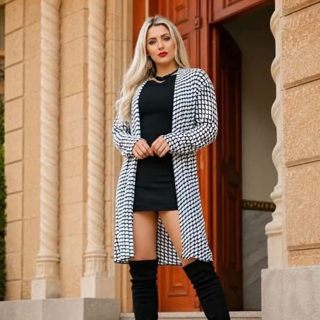 Cardigan Longo Feminino Tricot Xadrez – Casaco de Frio Elegante, Quentinho Moda Outono/Inverno