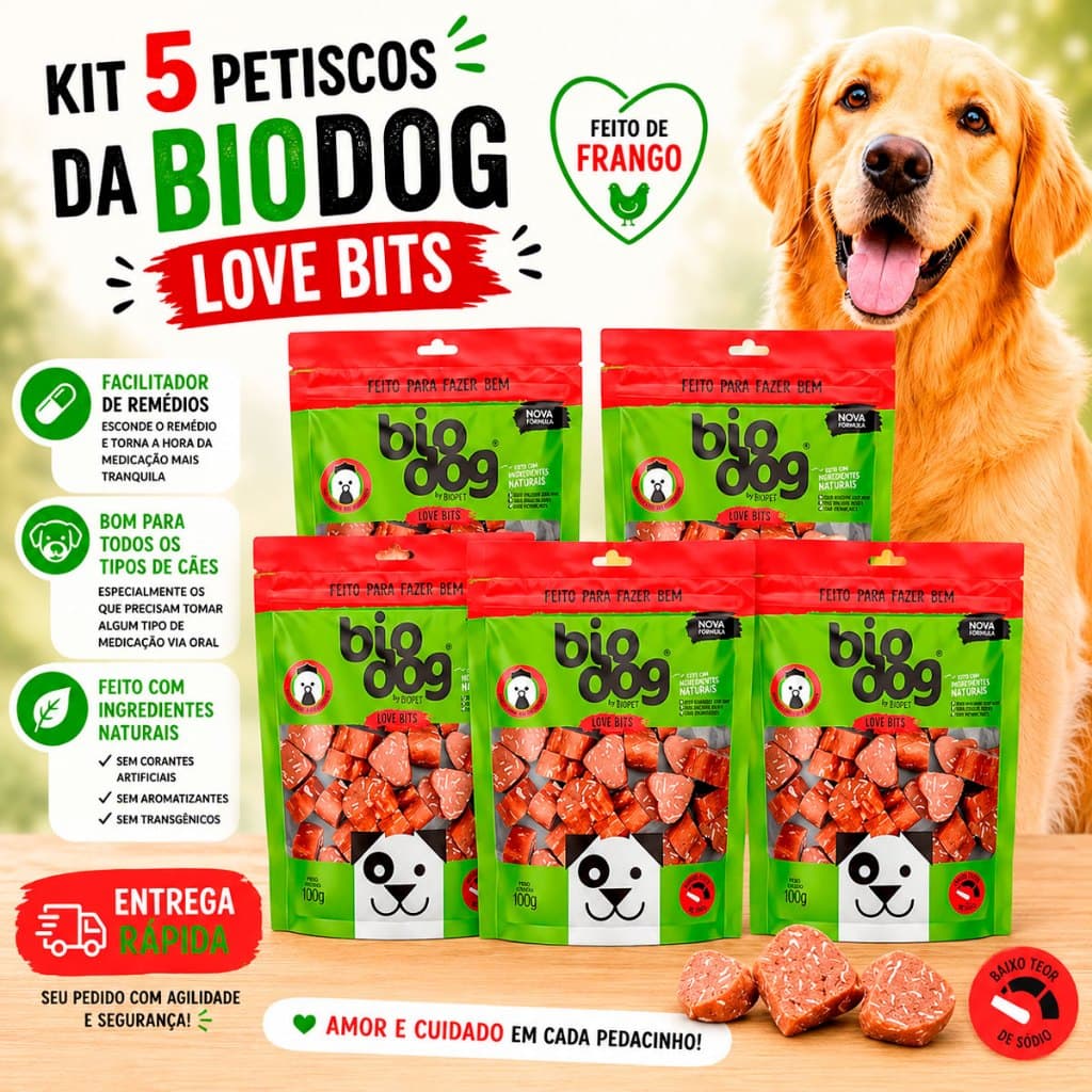 Kit 5 Bifinho Petisco Natural Snack Biscoito Cães Biodog Mordedor Gourmet Love Bits