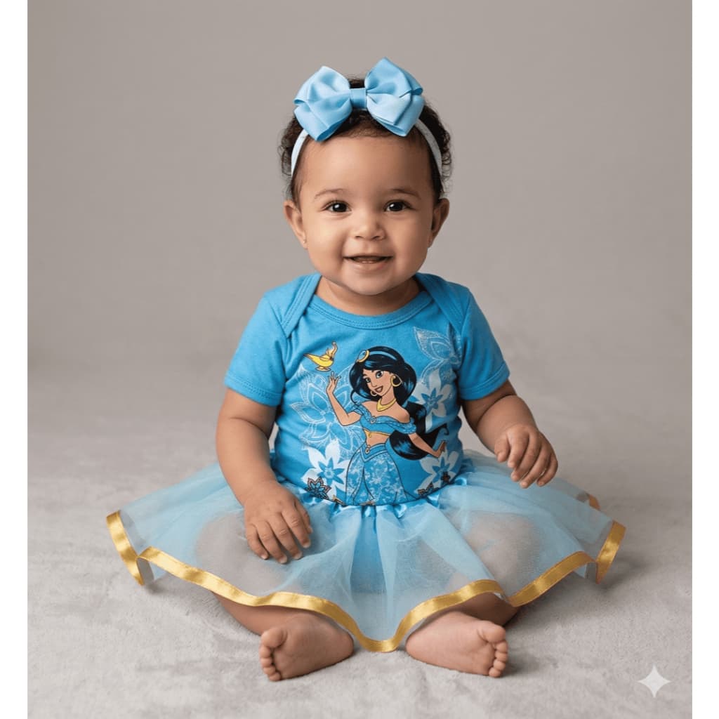 Body Bebe Mesversário temático Da Princesa Jasmine Com Saia Tule e Laço