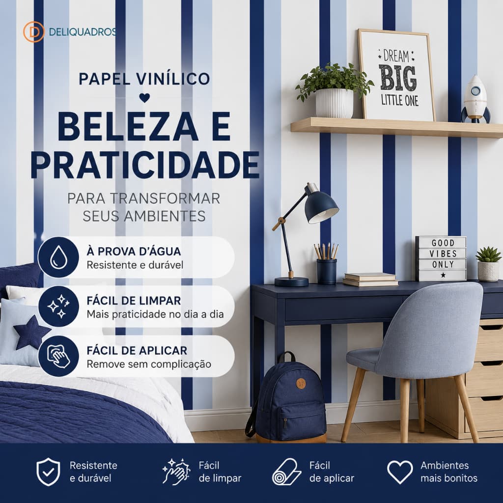 Papel de Parede Quarto Infantil Listrado Azul e Branco - Alta Fixação 12 Metros