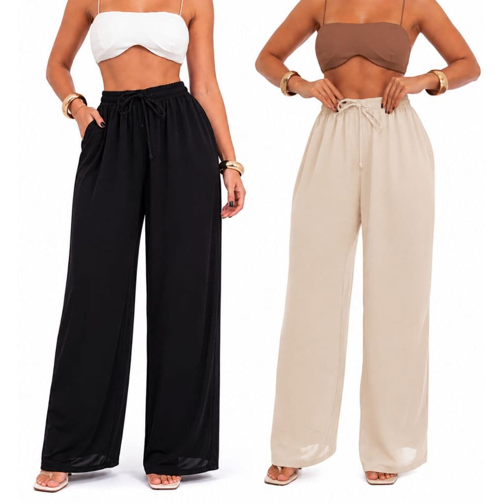 Kit 2 Calças Pantalona Feminina Alfaiataria Wide Pantalona Com Bolso e Elástico na Cintura