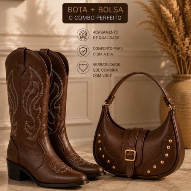 Kit Country Feminino Premium Bota Texana + Bolsa Moderna