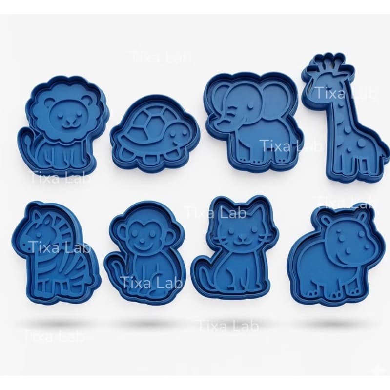 Kit 8 Cortadores Marcadores Biscoito Pasta Americana - Animais Safari Zoológico Leão Tartaruga Elefante Zebra Macaco