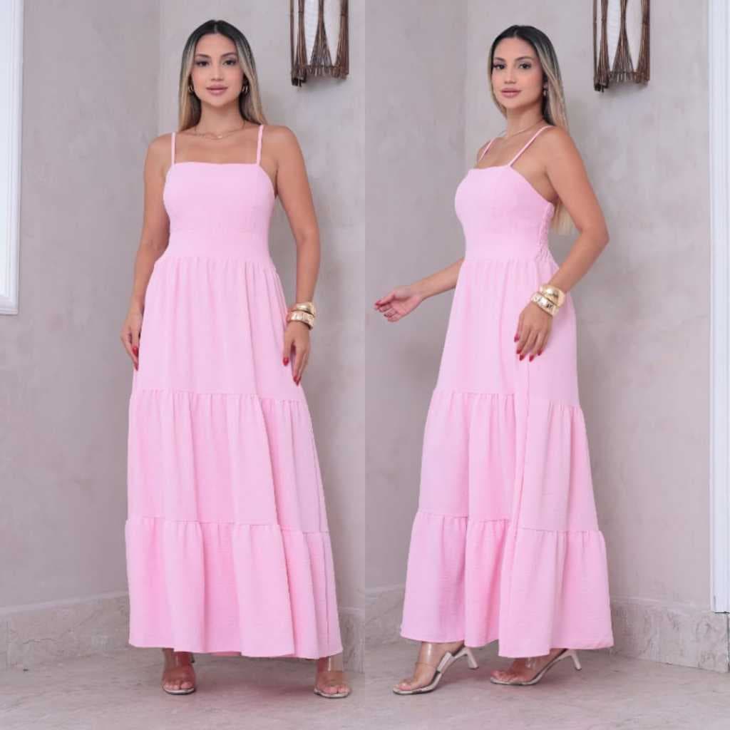 Vestido Longo Feminino Duna Liso com Bojo e Lastex nas Costas Alça Regulável