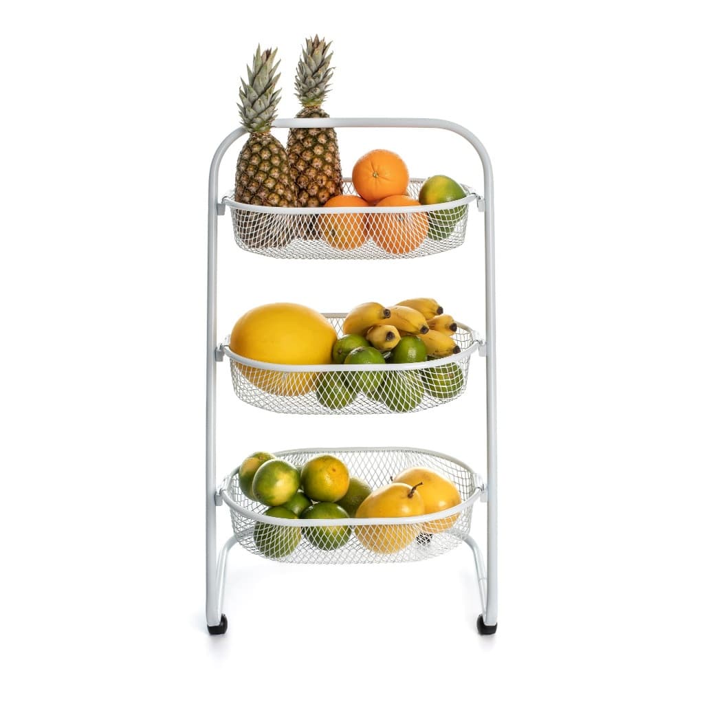 Fruteira De Chão Carrinho Organizador Em Aço Com Rodinhas Resistente 3 Cestos para Cozinha - Branco