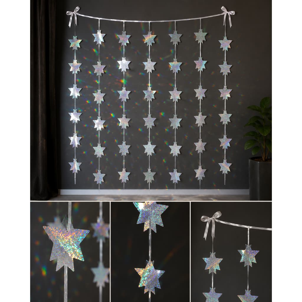 Cortina Decorativa Com Estrelas Holográficas Prateadas