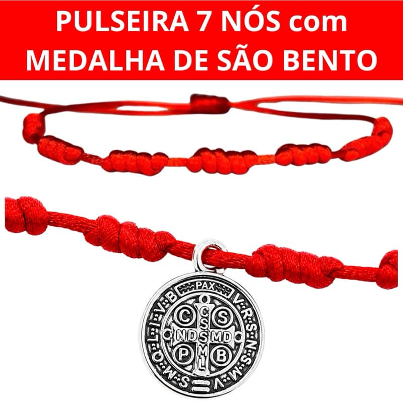 PULSEIRA 7 NÓS Com Medalha de SÃO BENTO Pulseira vermelha Kabbalah contra inveja e mal olhado