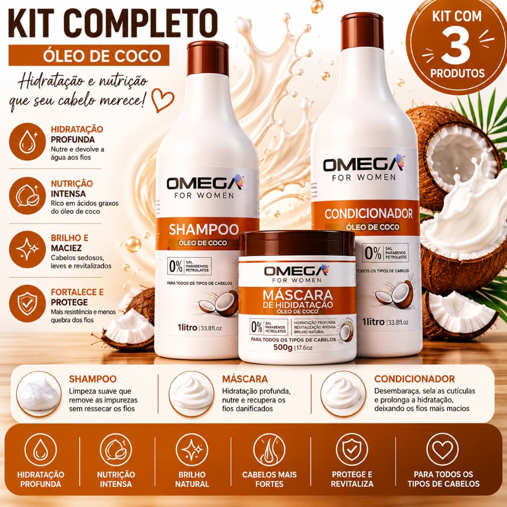 Kit Hidratação Intensa Óleo de Coco Shampoo e Condicionador 1L + Máscara 500g Omega Hair