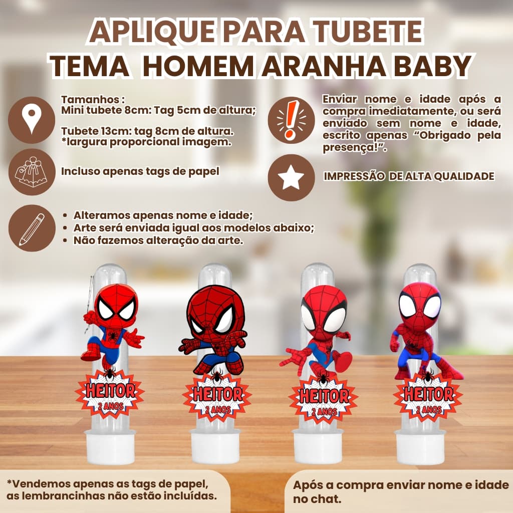Apliques para Mini Tubete 8cm ou Tubete 13cm 3d Tema homem aranha baby cut | Tag Personalizado Nome e Idade
