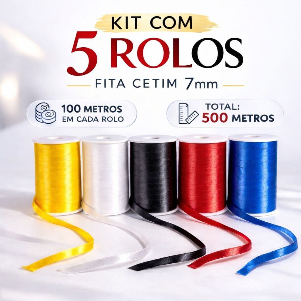 Fita de Cetim 7mm 100 Metros 5 Rolos Cores Sortidas ou Iguais