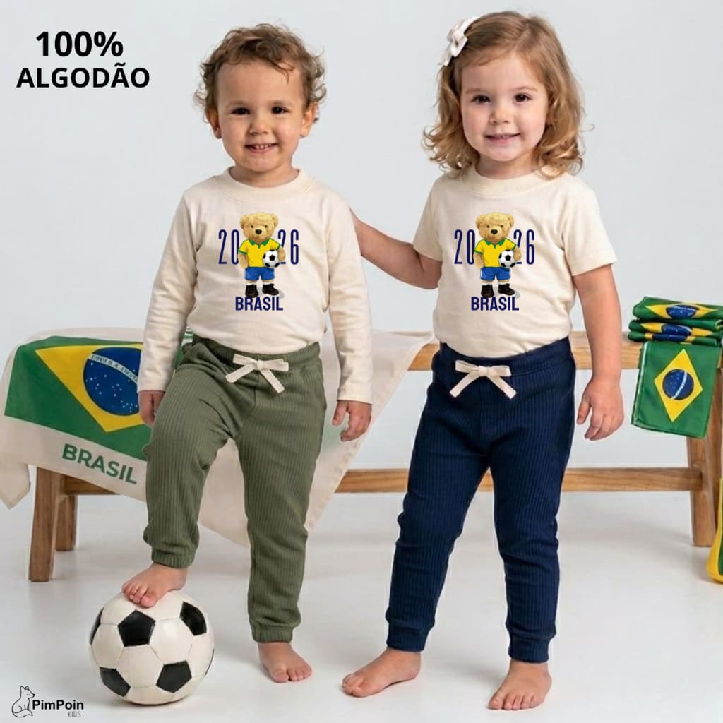 Camiseta Infantil Brasil Copa 2026 Manga Longa ou Curta Unissex-1 ao 3 anos