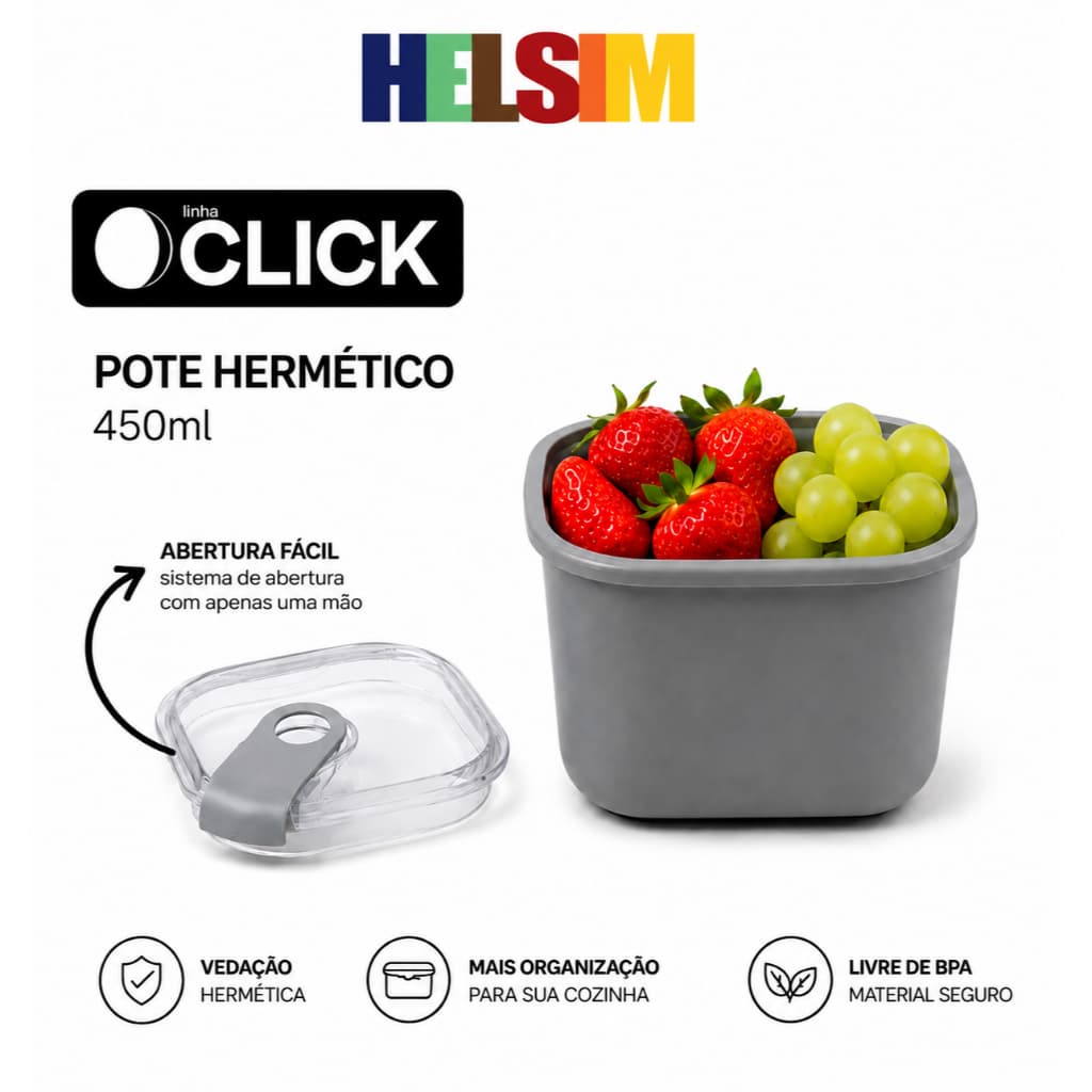 Pote Hermético Helsim Click 450ml Cinza com Tampa Easy Open
