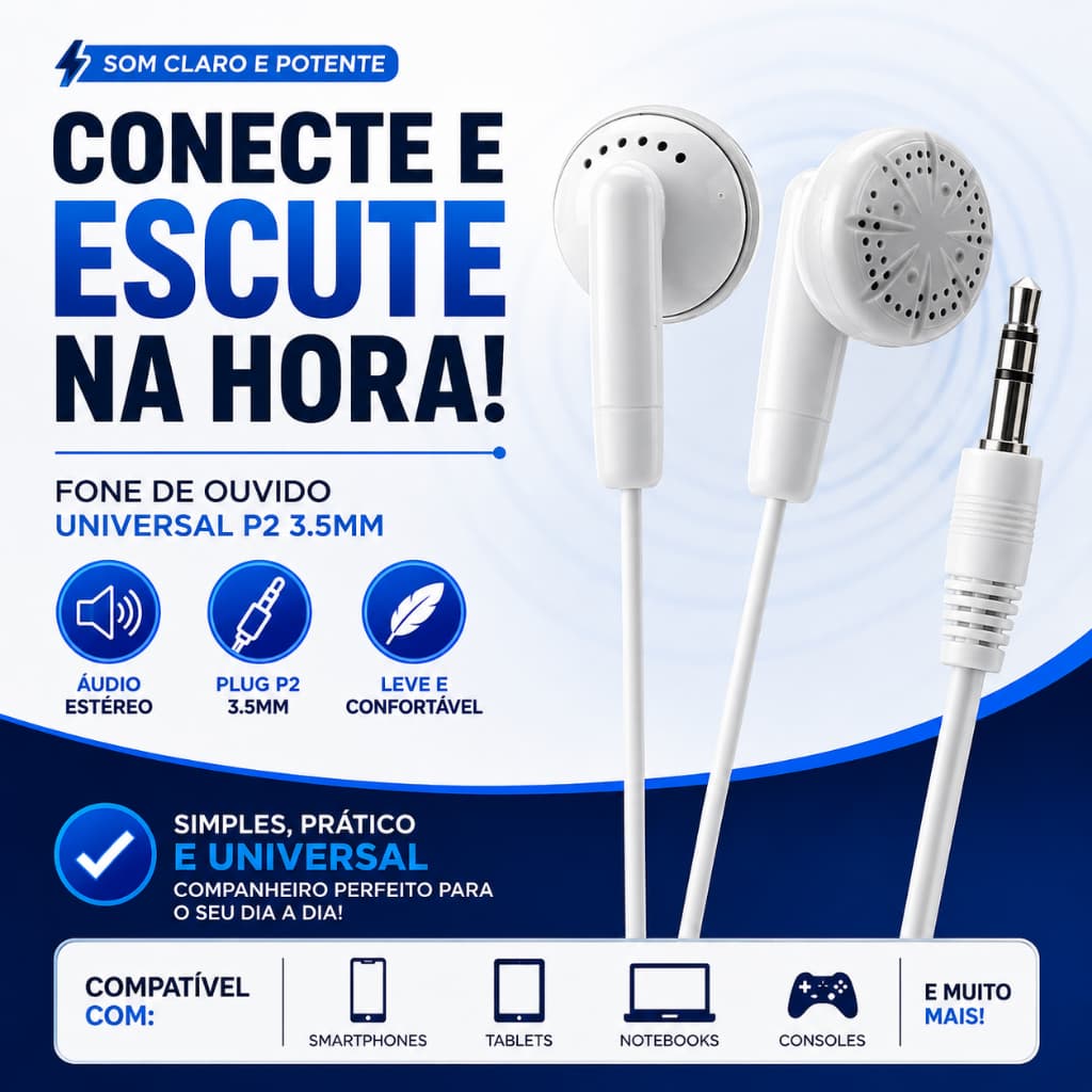 Fone de Ouvido com fio Curto Universal Estéreo P2 3.5mm
