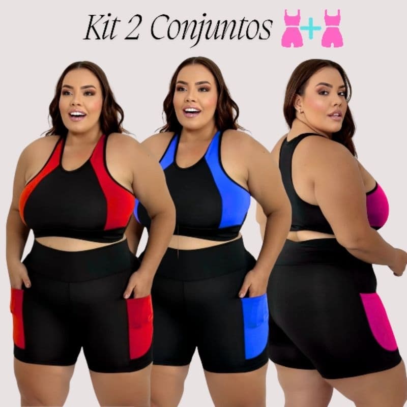 Kit Com 2 Conjunto Plus Size Short Com Top Moda Fitness Com Bolso Cintura Alta Compressão Academia