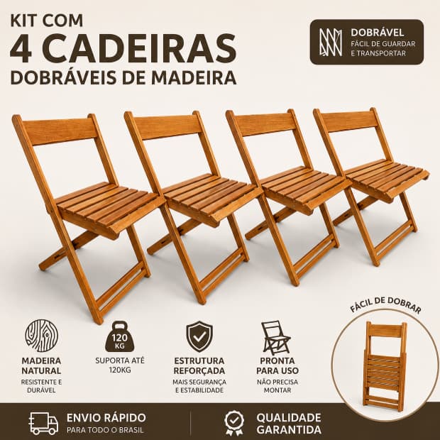 Kit 4 Cadeira Banqueta Assento De Madeira Natural Ou Envernizada Dobrável