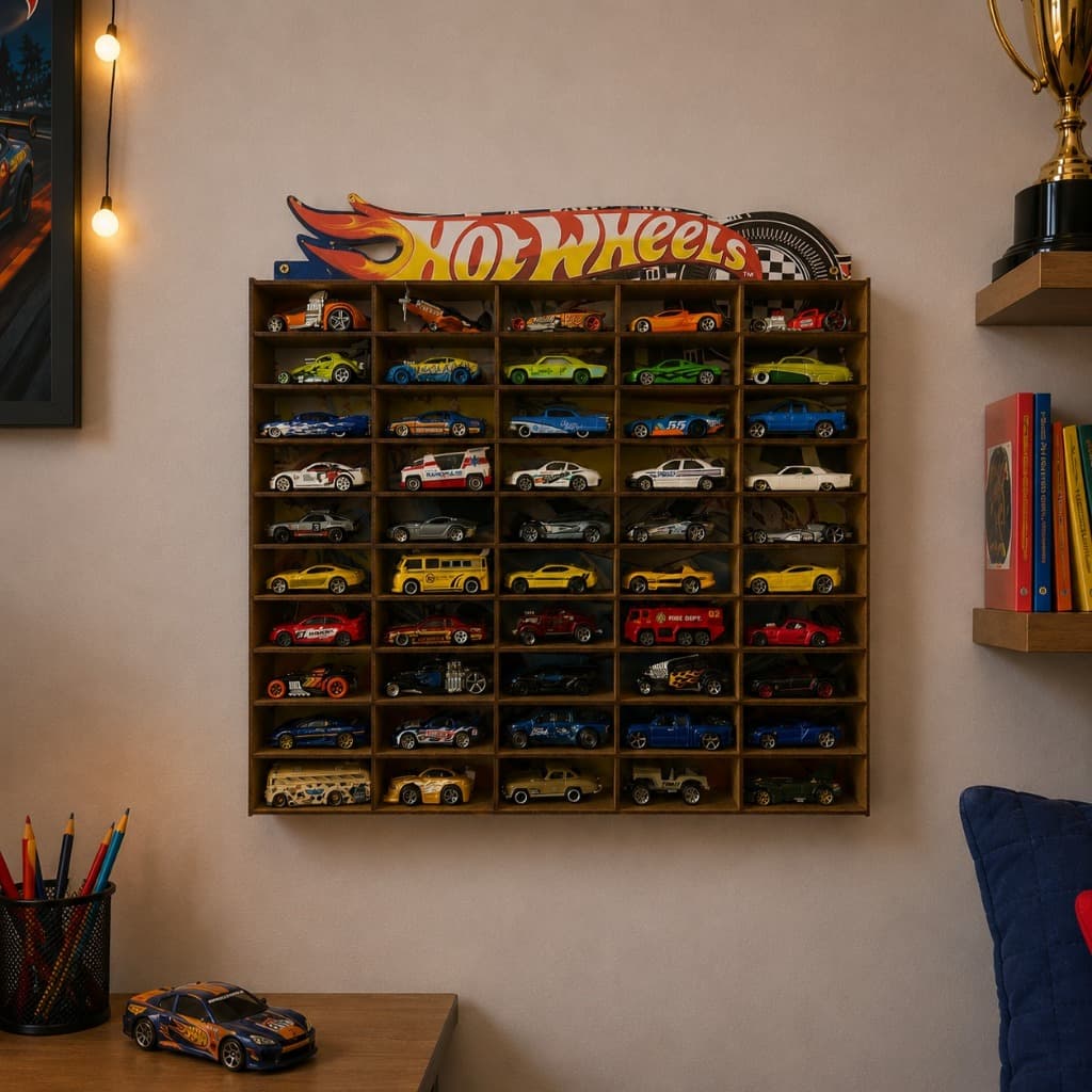 Vitrine Prateleira Organizador Coleção Hot Wheels 50 Nichos Porta Carrinhos Carros Adesivado Mdf
