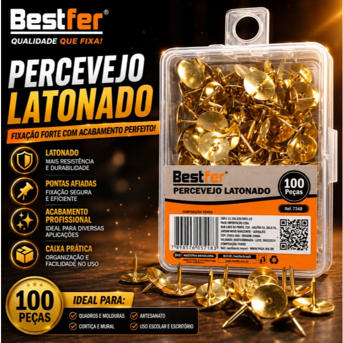 Percevejo Dourado Bestfer Latonado Caixa com 100 Unidades