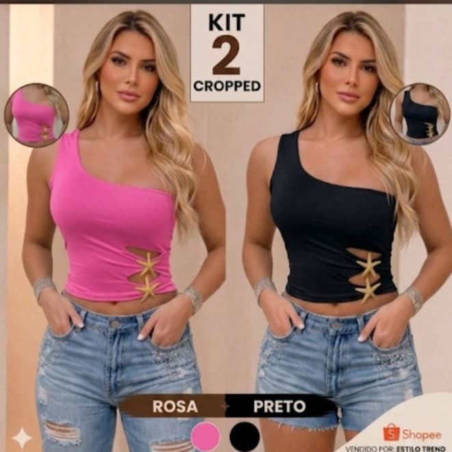 kit 2 blusas cropped feminina forrada no suplex com detalhes em fivelas de estrelas sofisticada elegânte tendencia verâo
