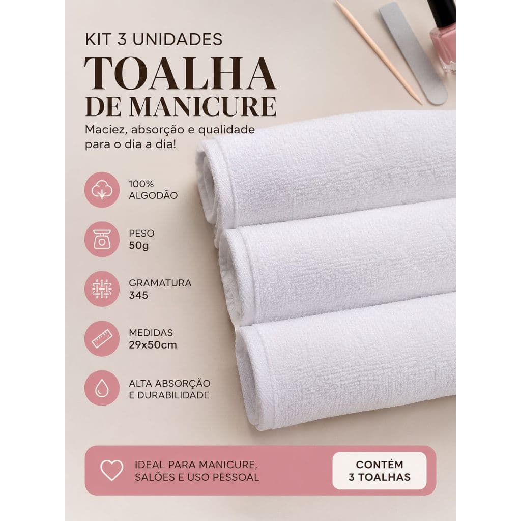 Kit 3 Toalhas Manicure Profissional 29x50 100% Algodão Alta Absorção