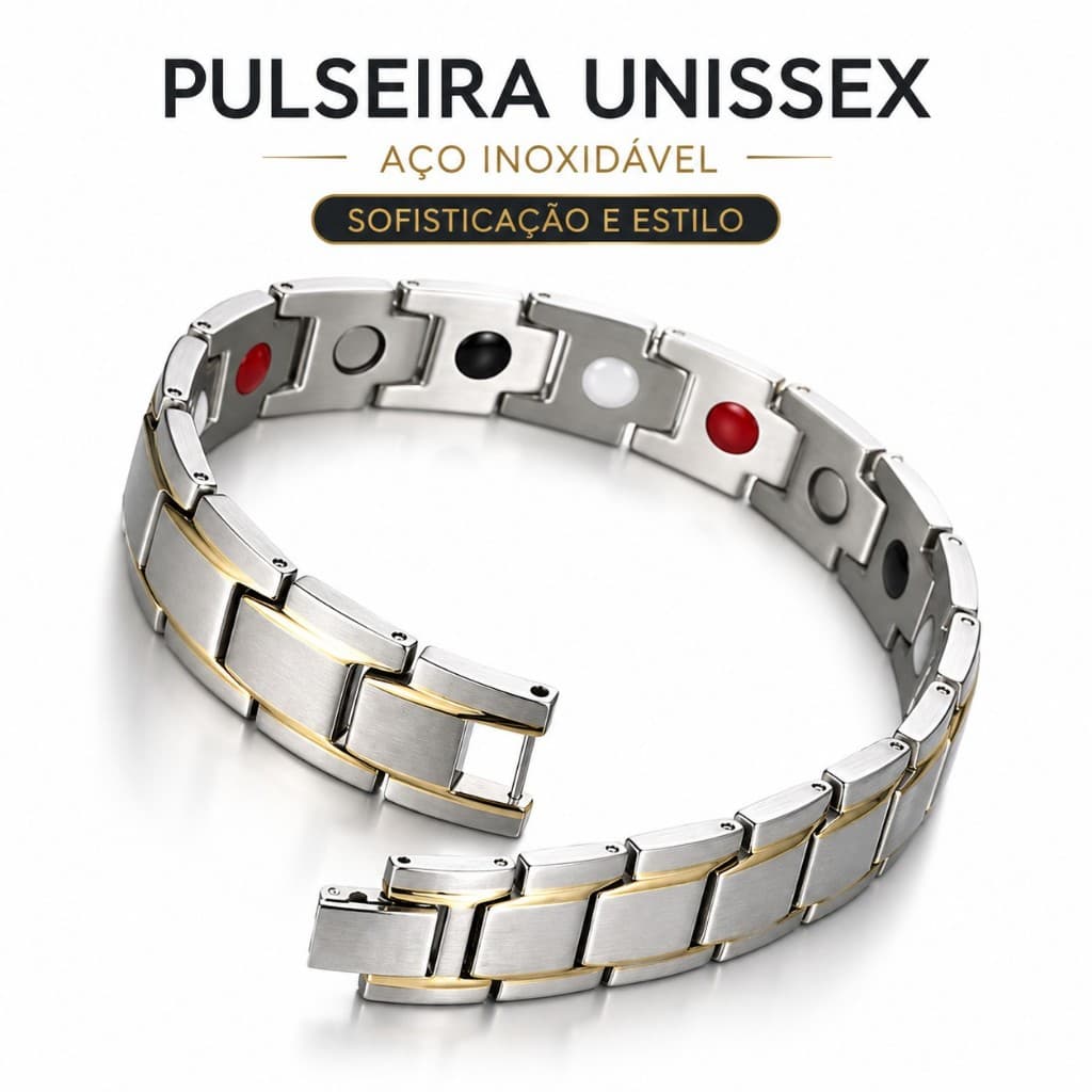Pulseira Bracelete Magnético Aço Inox Unissex Elegante Prata Luxo Ajustável Sofisticado Regulável