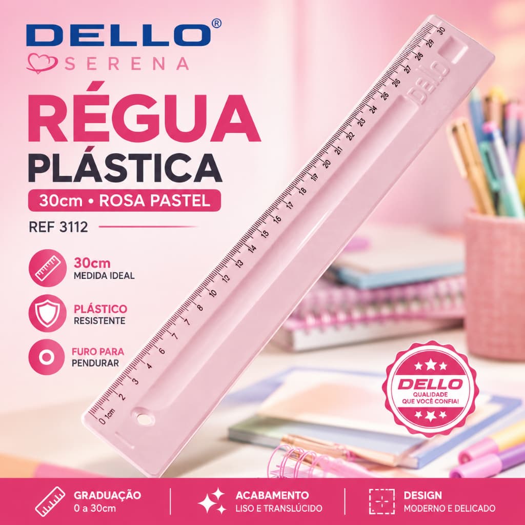 Régua Plástica Dello Serena Rosa Pastel 30cm Ref 3112