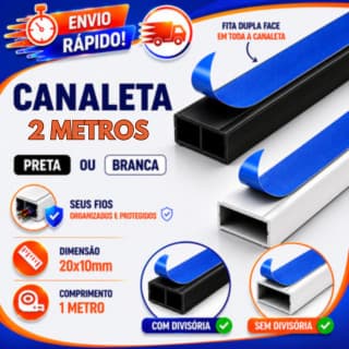 2 Metros Canaleta Organizador de Fios Preta Branca 20x10mm Sistema X Com Fita Adesiva e Divisoria