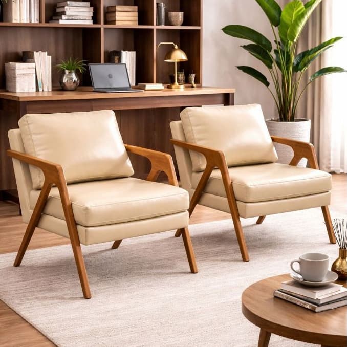 Kit 2 Poltronas Mona Sala de Estar Luxo Estofada Corino Bege Decorativa Moderna com pés em Madeira