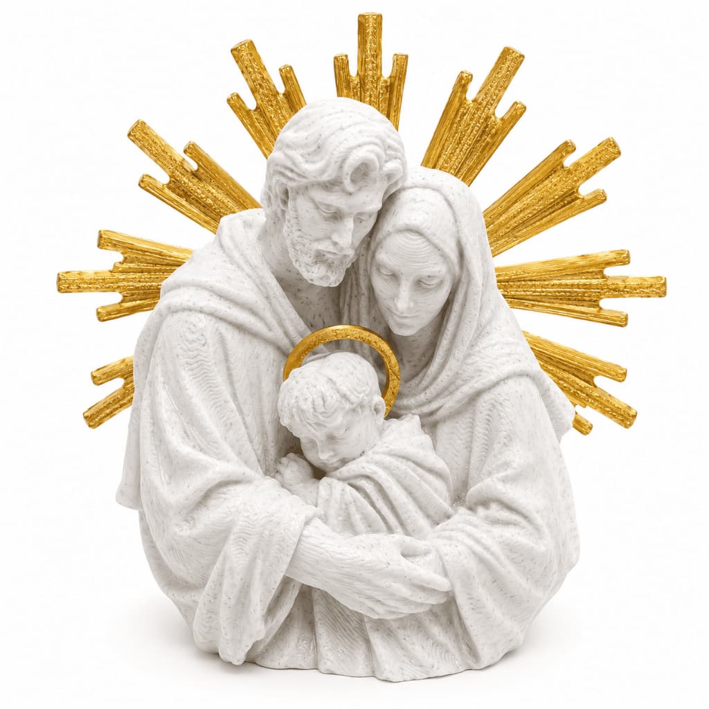 Imagagem Sagrada Família Decorativa  Premium Branco e Dourado Estátua (Escultura) Católica e  Religiosa de Fé Amor