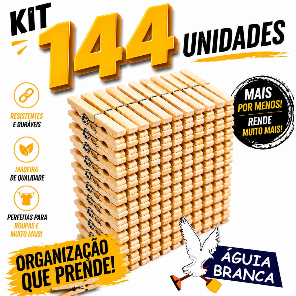 KIT COM 144 PRENDEDORES DE ROUPA REFORÇADOS MADEIRA ANTIDESLIZANTE VARAL MOLA FORTE ALTA FIXAÇÃO
