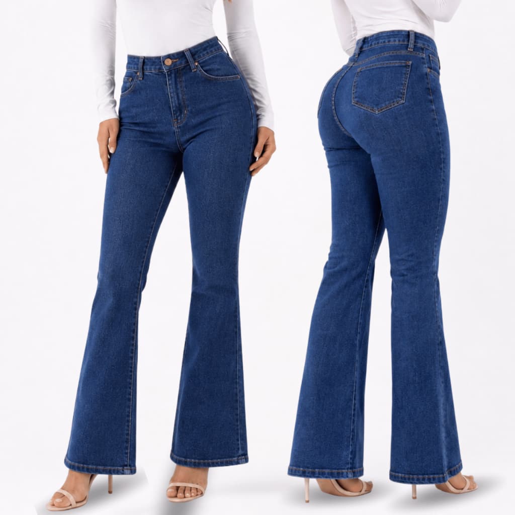 Calça Jeans Feminina Flare Lycra Modelagem Empina Bumbum Cintura Alta