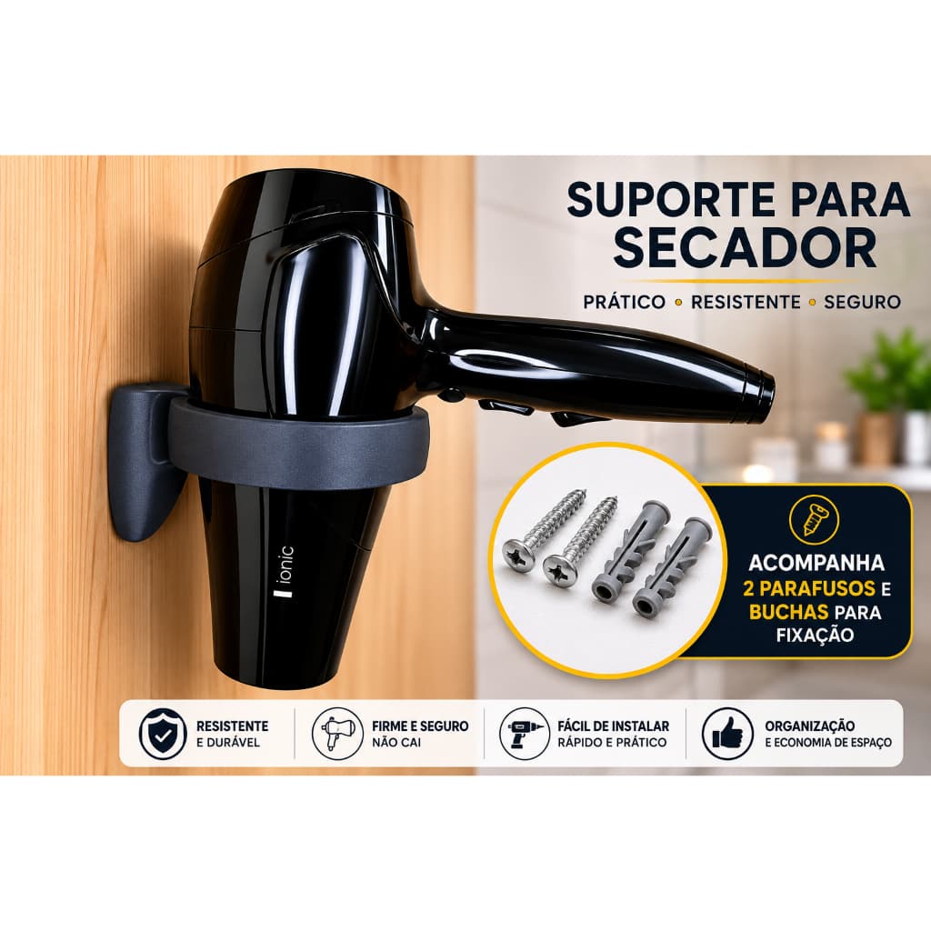 Suporte Para Secador De Cabelo Parede Universal e Parafusos