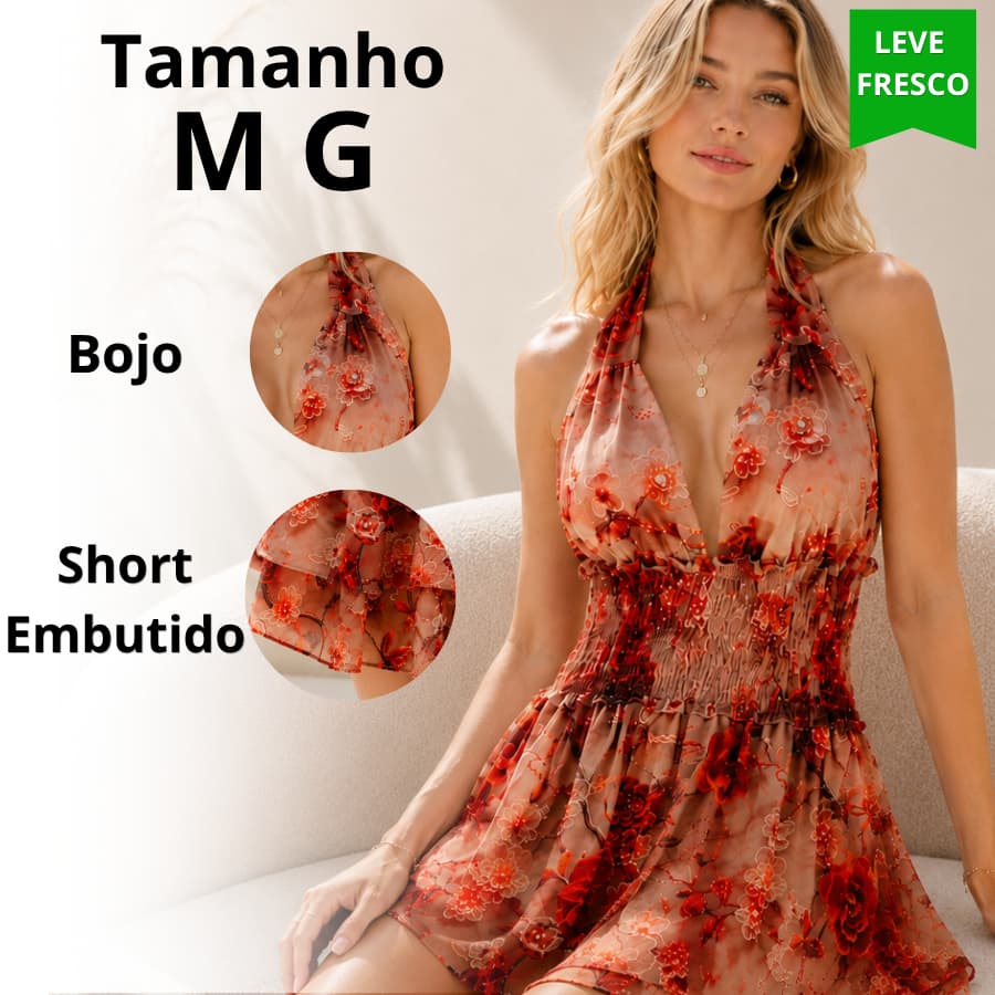 Vestido  Curto Floral  Tropical Com Decote Elegante com bojo, Short com forro Moda Verão Inverno
