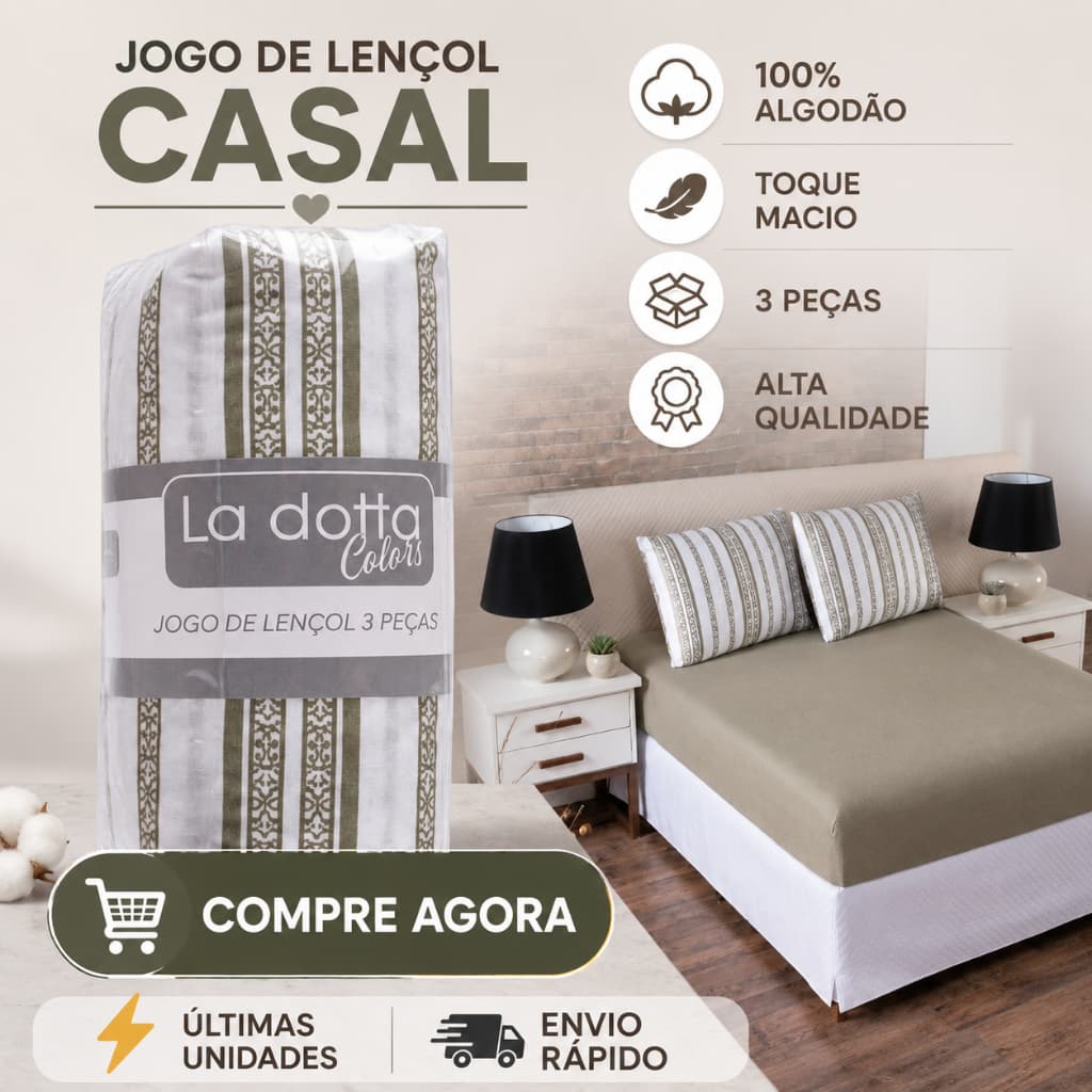 Jogo de Lençol Casal 3 Peças La Dotta 100% Algodão Toque Macio Confortável com 2 Fronhas