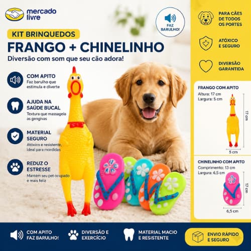 Kit Brinquedo Pet Cachorro Mordedor kit Frango De Borracha Com Apito + Chinelo Mordedor Com Apito Resistente Para Cães