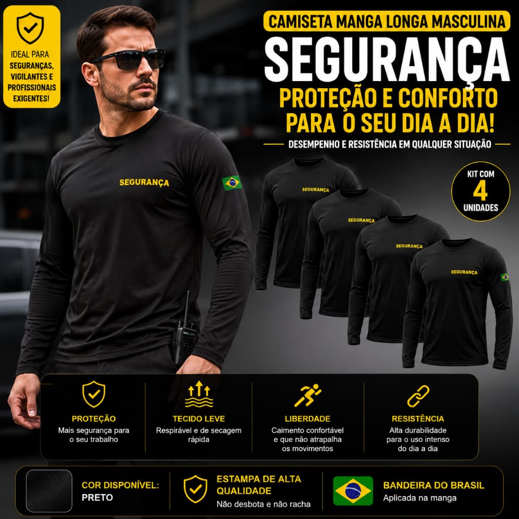 Kit 4 Camisetas Masculina Dry Uniforme Segurança Manga Longa