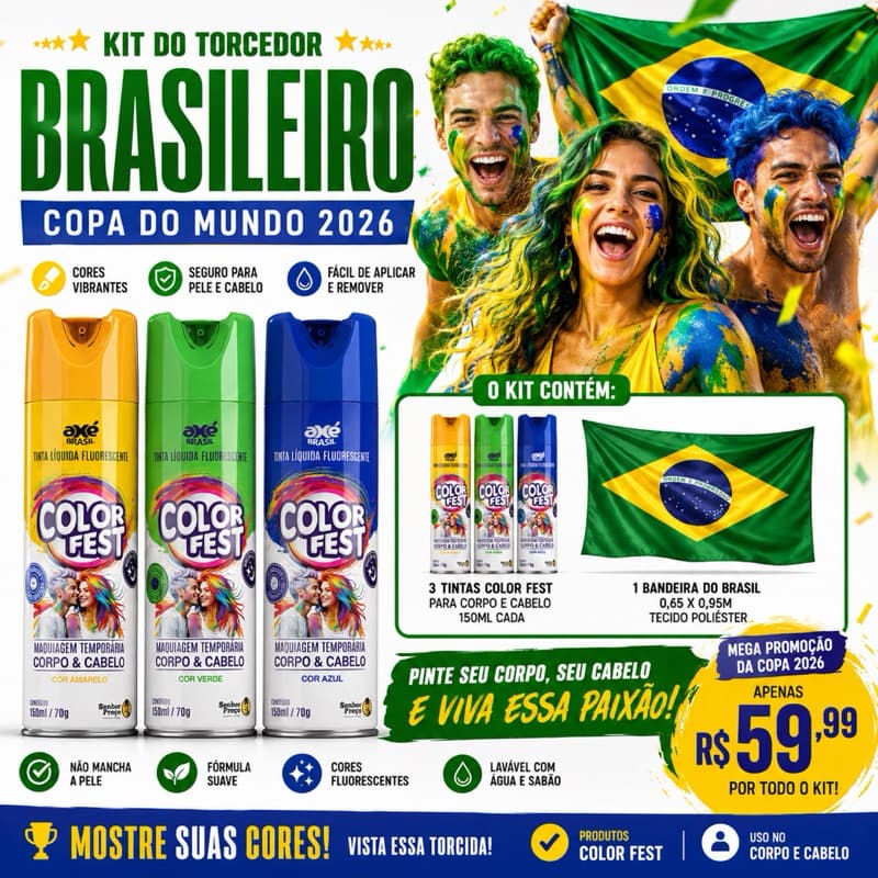 KIT TORCEDOR BRASILEIRO COPA MUNDO - 1 bandeira do Brasil tecido 0,65 x 0,95 e spray tinta para corpo e cabelo de 150 ML