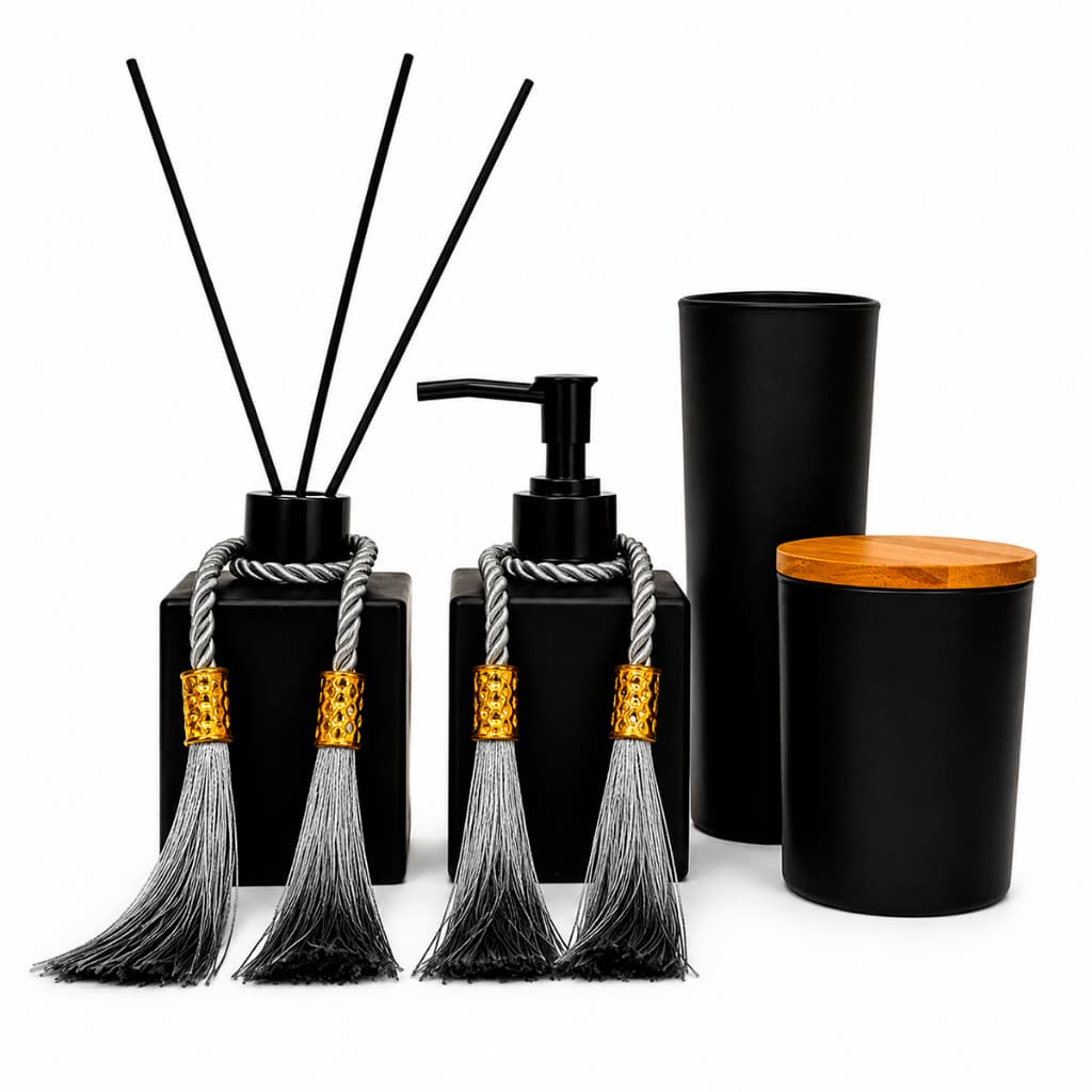 Kit Lavabo Vidro Porta Sabonete Líquido Difusor Porta Escova Algodão Banheiro Decoração