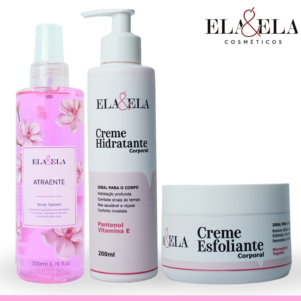 Kit Corporal Ela&Ela Atraente - Body Splash Atraente + Creme Hidratante + Esfoliante