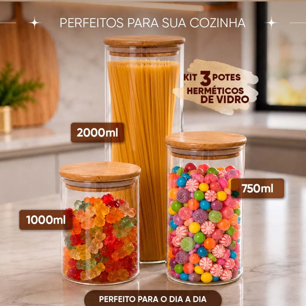 Kit 3 Potes Vidro Hermetíco Tampa Redondo Bambu 2000ml 1000ml 750ml