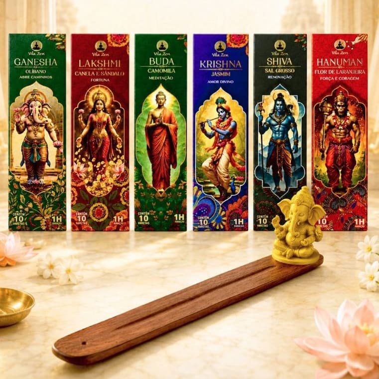Kit Incenso Hindu Vila Zen c 6 Aromas Exclusivos para Meditação + Incensário Ganesha